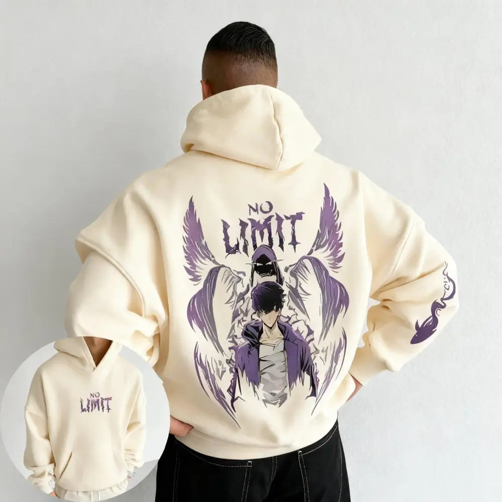 Cream-colored solo leveling hoodie with bold purple and black anime graphic and no limit text on back side