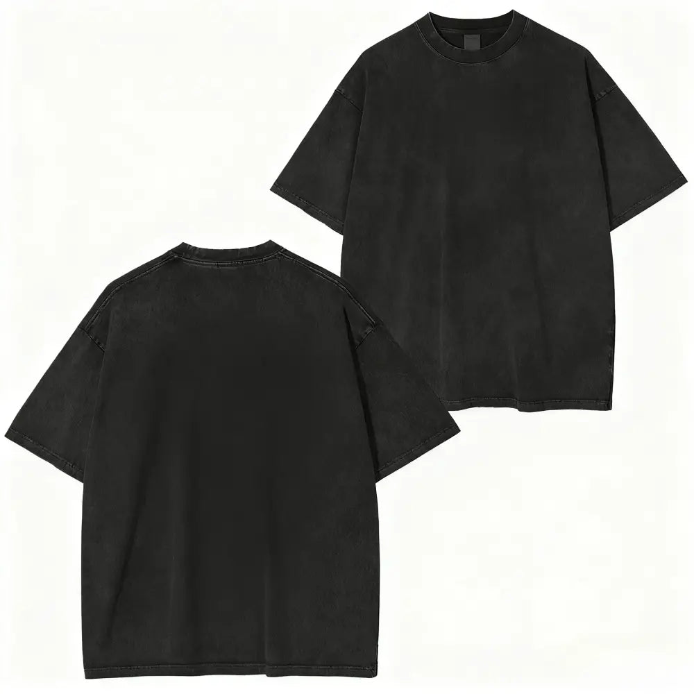 Black oversized cotton t-shirt with vintage washed texture featuring solo leveling sung jin-woo design
