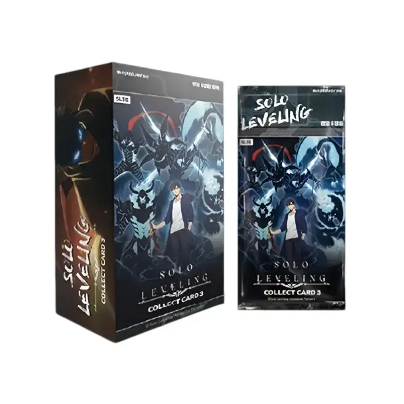 Black and dark blue solo leveling collect cards vol 3 trading card box with anime artwork korean version
