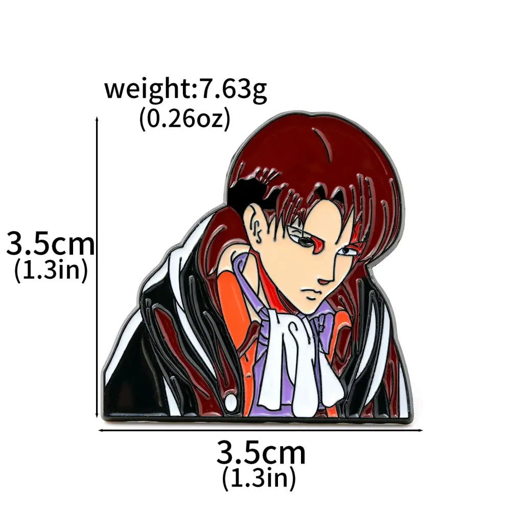 A glossy enamel pin of solo leveling sung jinwoo with vibrant red hair wearing a black and white jacket over orange shirt