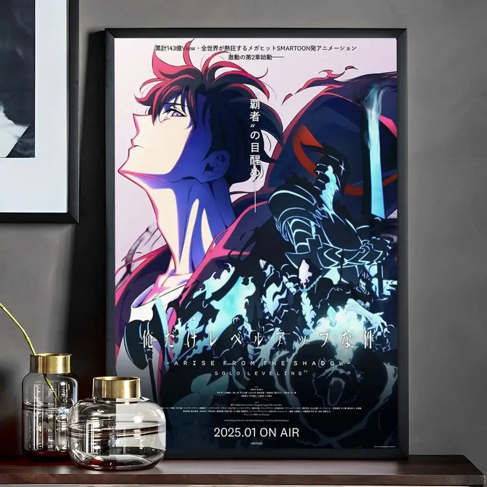 A framed solo leveling whitepaper wall sticker with a vibrant red-haired character and blue purple shading on black background