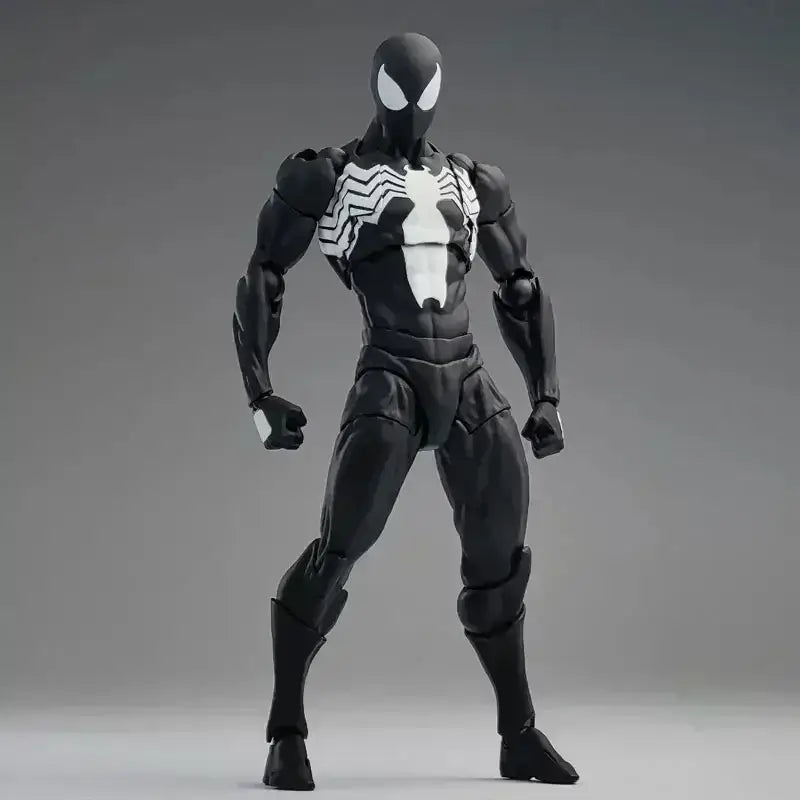 Black and white spider man symbiote action figure in black suit with detailed articulation and sleek muscular pose pvc figure