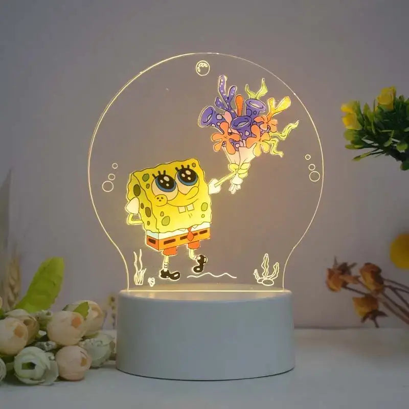 Spongebob patrick star star 3d night light featuring yellow spongebob in a glowing circular led lamp with bubbles and coral design