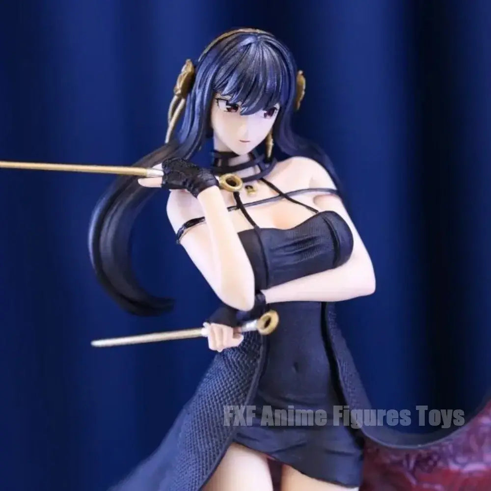 Black and gold spy x family yor forger pvc statue featuring a female anime figure with long dark hair and two weapons