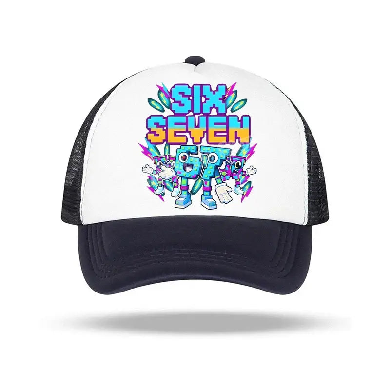 White and black trucker baseball cap with colorful cartoon graphic and six seven text for kids and adults