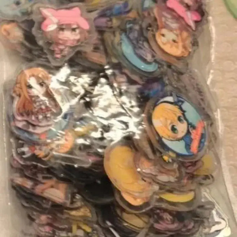 A collection of colorful transparent acrylic sword art online asuna character stickers in various poses and outfits