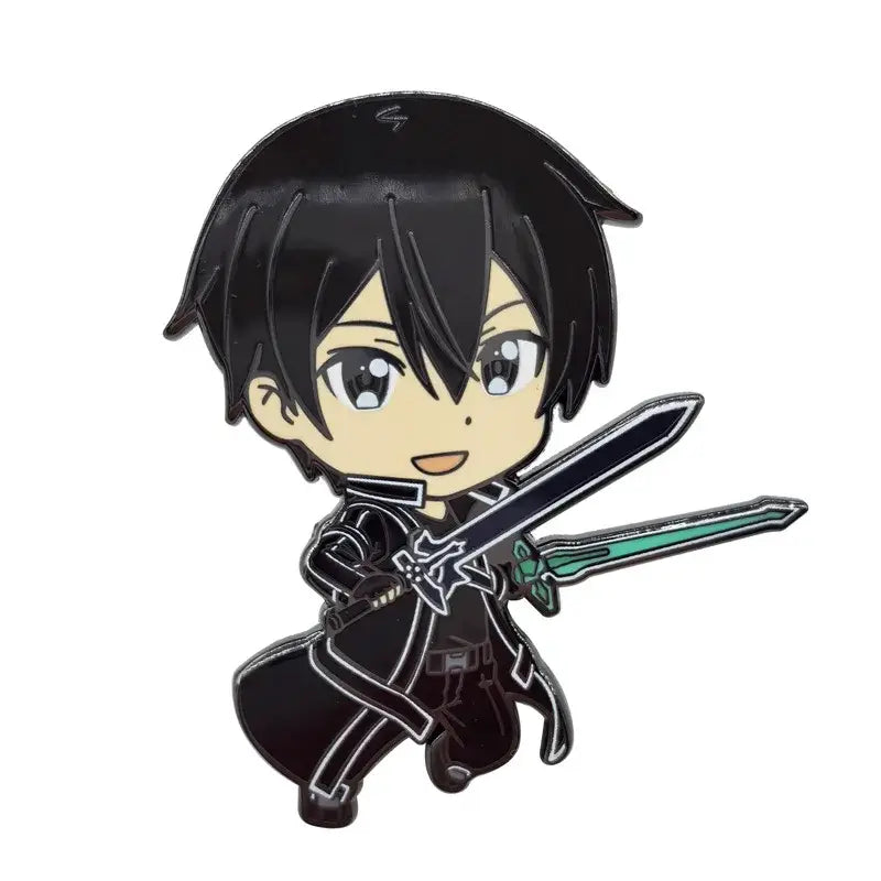 Black chibi-style enamel pin of art online kirito with short black hair and two swords silver and teal for backpack brooches