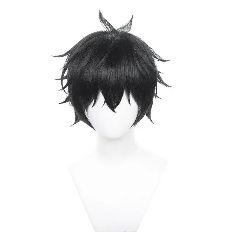 Black synthetic wig with spiky textured styling and small tuft for sword art online kirito cosplay jacket suit