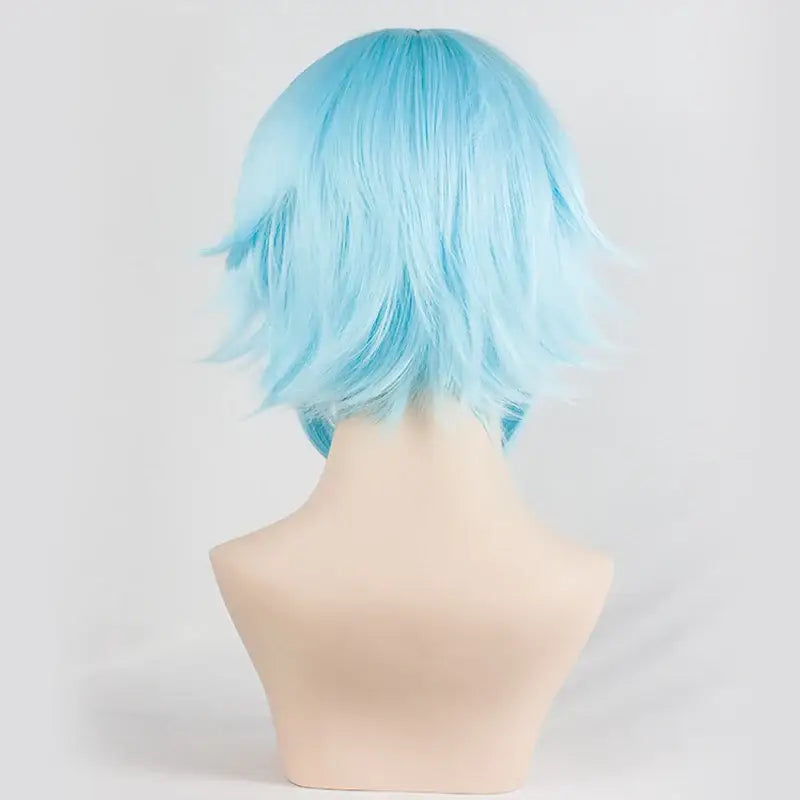 Light blue synthetic short wavy wig on mannequin bust for sword art online sinon ice blue cosplay use