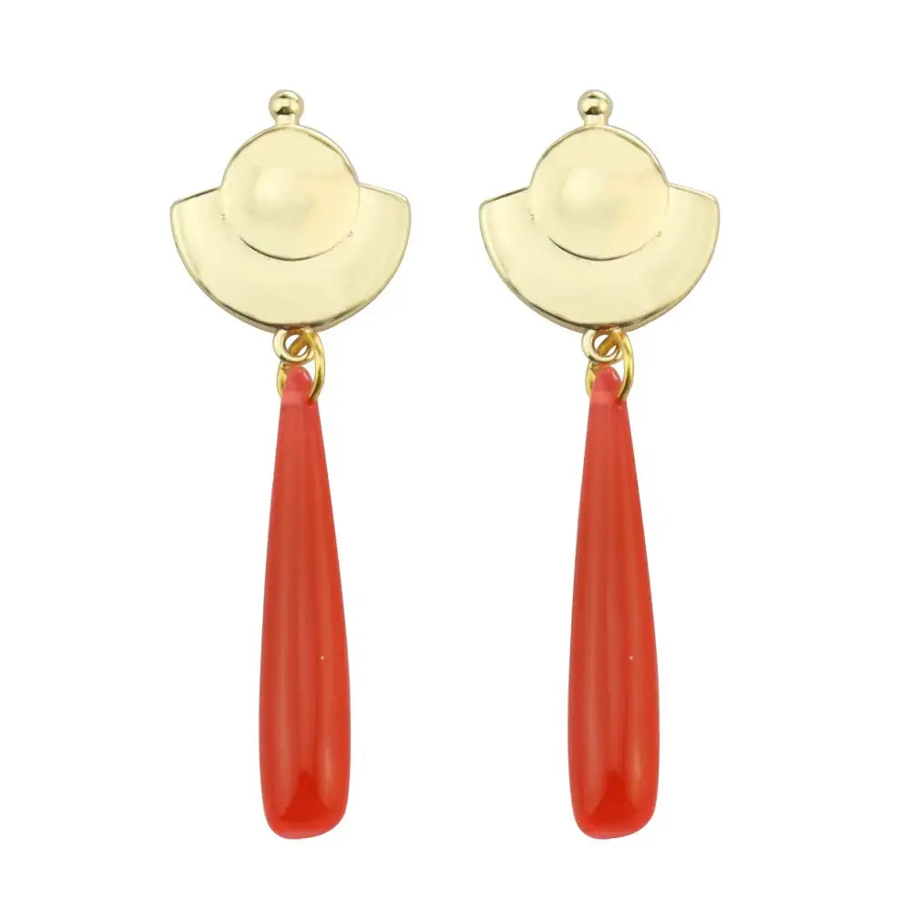 Gold-toned hat-shaped mao mao cosplay earrings with vibrant red teardrop pendants and alloy green gem accents