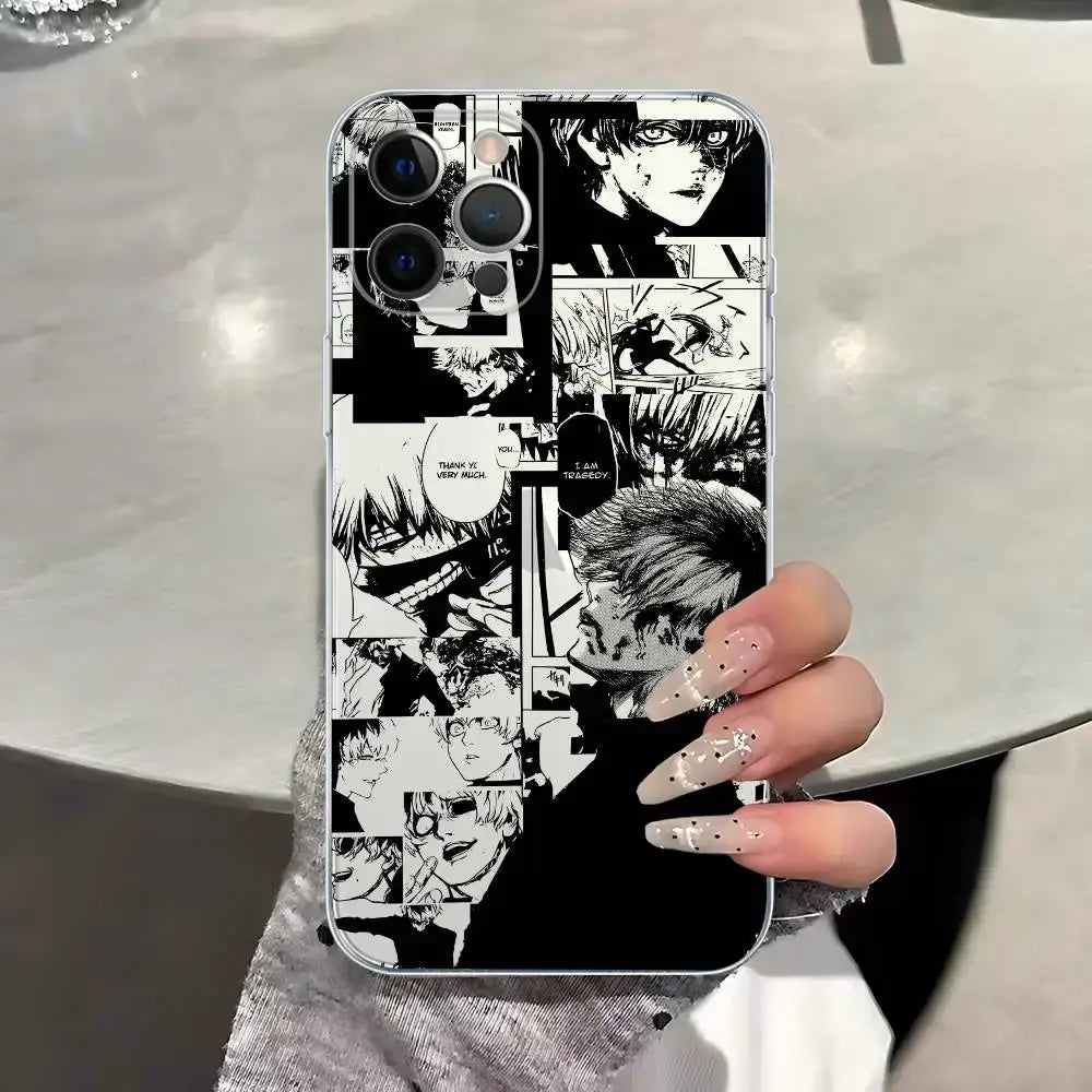 Black and white tokyo ghoul kaneki ken iphone case with bold manga panels transparent shockproof back cover