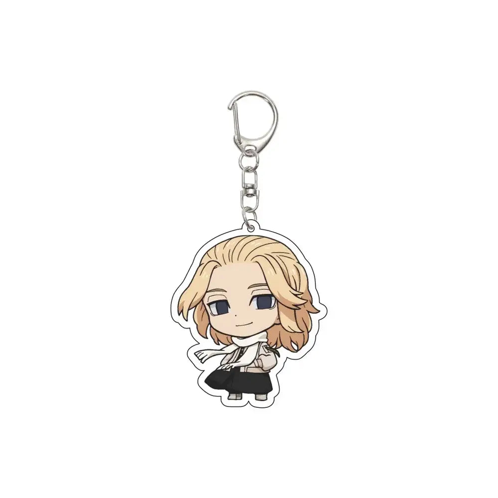 Tokyo revengers acrylic keychain of a chibi blonde character with dark eyes wearing white scarf and black pants 6cm ornament