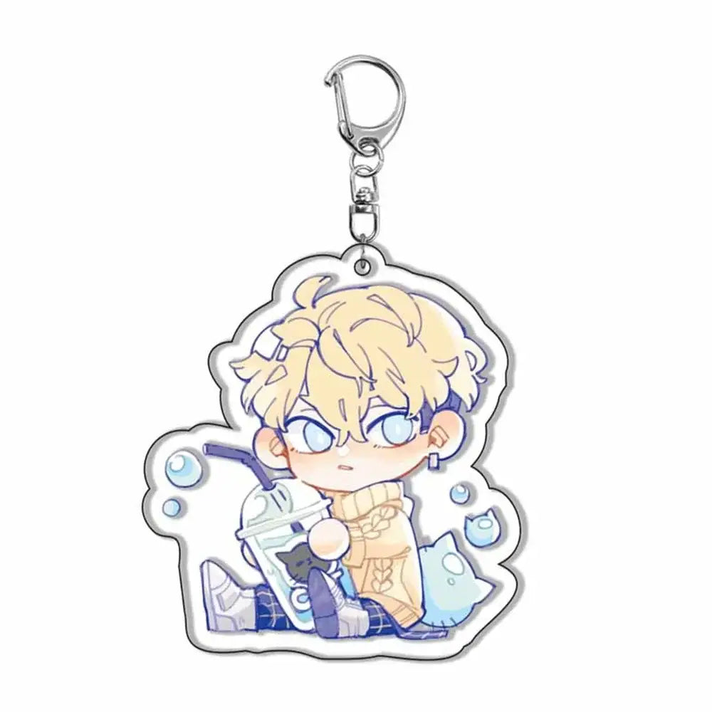 Tokyo Revengers acrylic keychain featuring a 6cm translucent ornament of chibi blonde character holding a bubbly drink