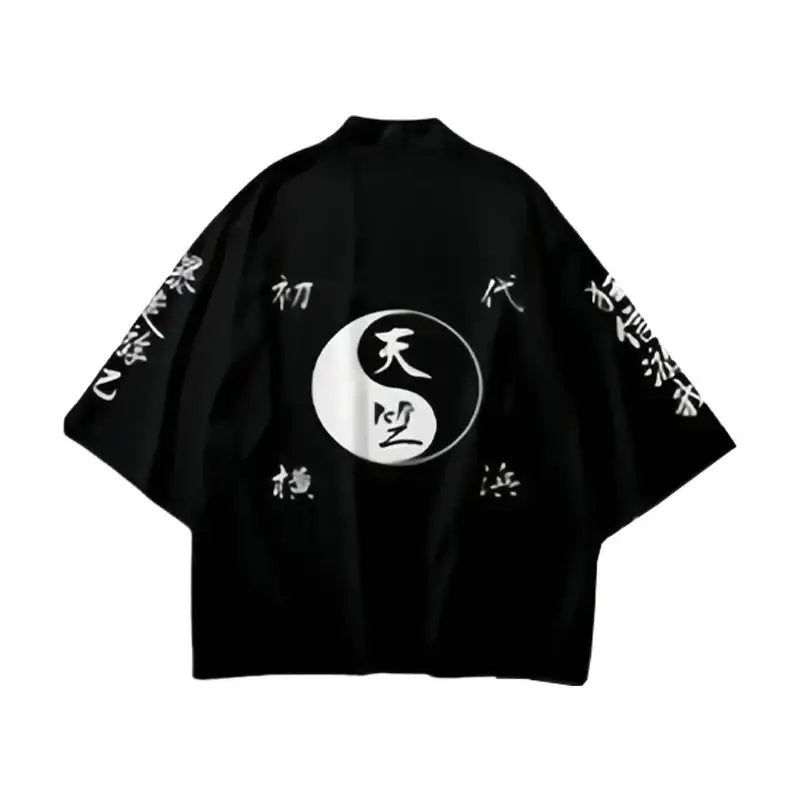 Black kimono-style Tokyo Revengers Draken haori with white yin-yang and Chinese characters on back short sleeve summer short
