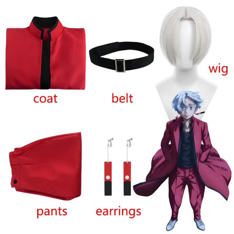 Red satin coat with black inner lining and collar from izana kurokawa red uniform costume for tokyo revengers fans