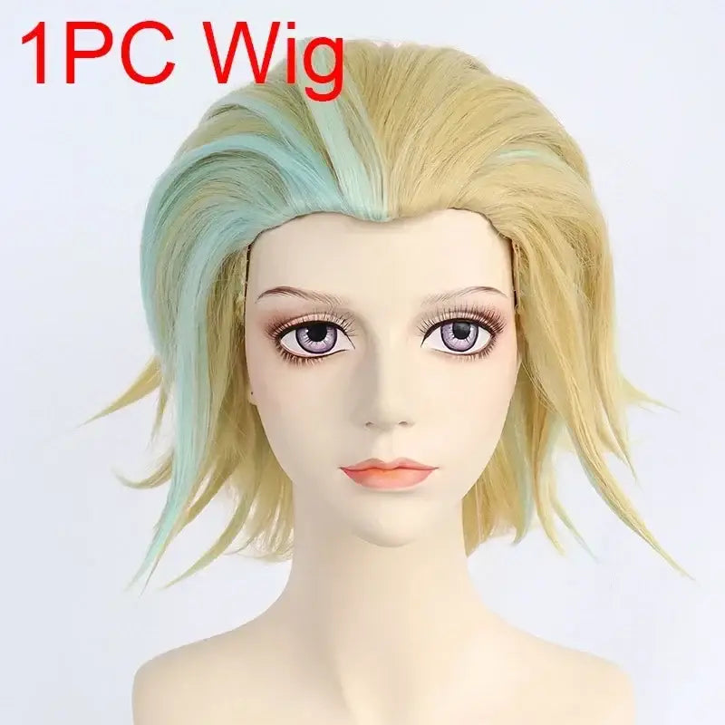 Blonde and mint green two toned short synthetic cosplay wig for tokyo revengers kurokawa izana red costume