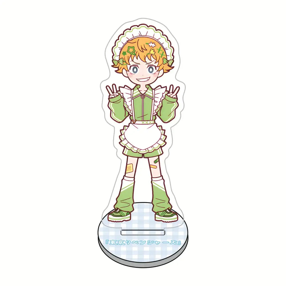 A cheerful tokyo revengers maid acrylic stand featuring an orange-haired character in green and white outfit for desk decor