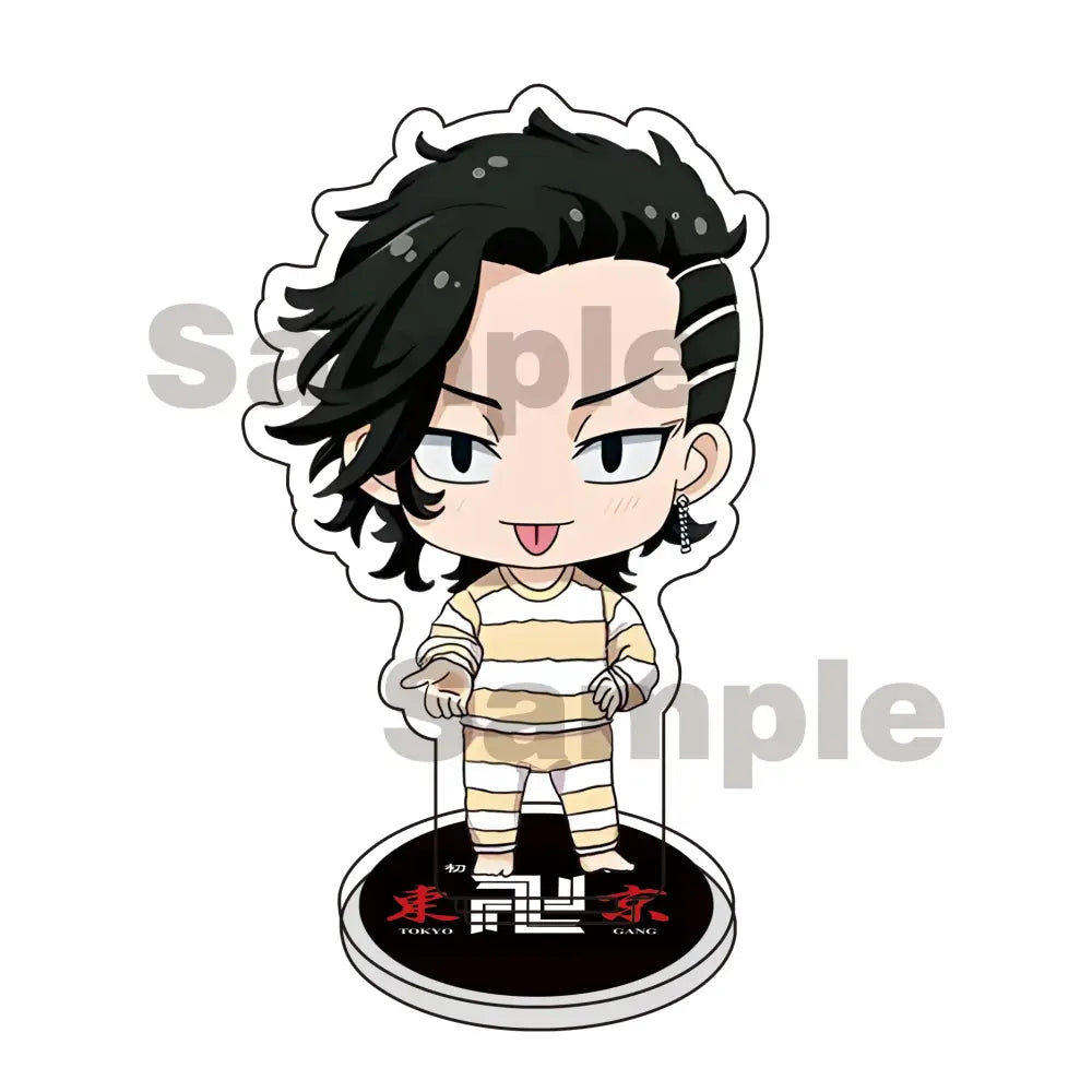 Chibi-style tokyo revengers mikey draken acrylic stand keychain with black hair and striped beige-white pajamas on base