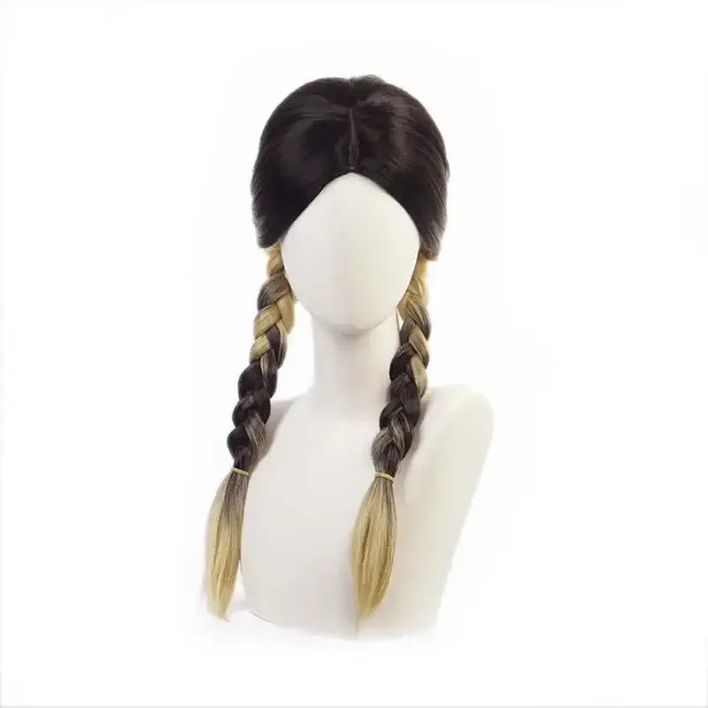 Dark brown and blonde ombre braided wig on mannequin for ran haitani cosplay with black uniform from tokyo revengers