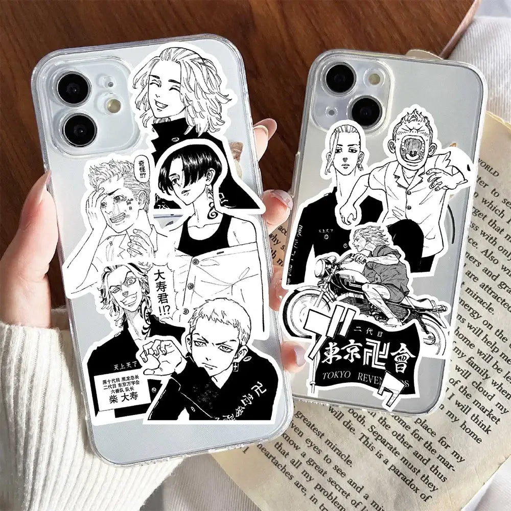 Clear phone cases with black and white tokyo revengers sticker decals featuring anime characters in a waterproof graffiti set