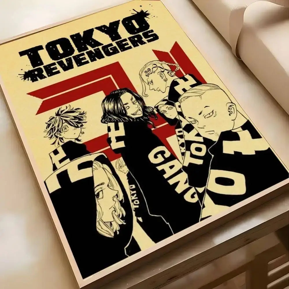 Tokyo Revengers takemichi poster art print with bold black and red graphics on a cream background wall decor