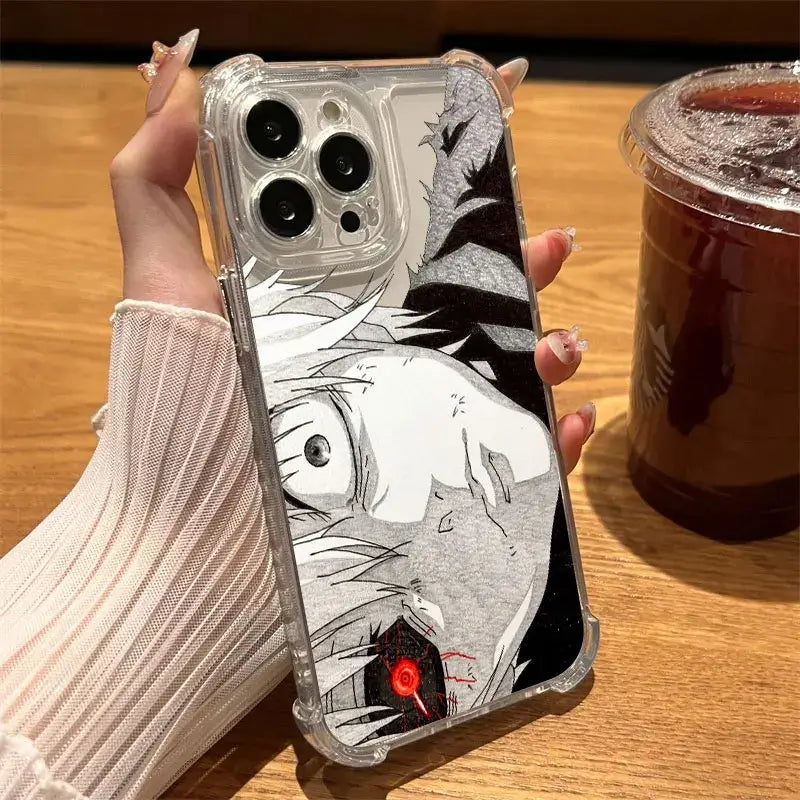Back side of clear soft silicon phone case for iphone featuring black and white anime illustration with red accents ghouls hot phone case