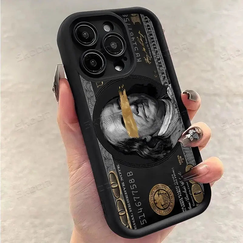 Black soft tpu phone case featuring detailed monochrome benjamin franklin portrait with gold accents and usd dollar design on back