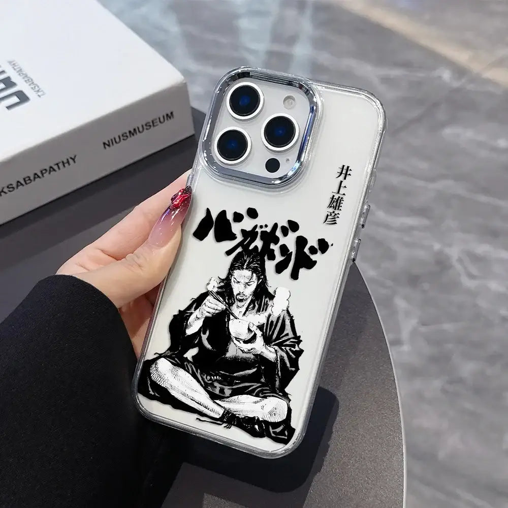 Back of white vagabond samurai phone case with black anime illustration and bold japanese text on transparent soft cover