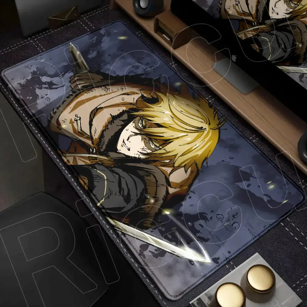 Black and gray vinland saga mouse pad desk mat featuring a detailed blonde character holding a sword in xxl size