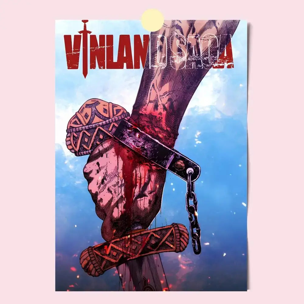 Vinland saga poster featuring a tattooed arm gripping a bloodied sword with ornate hilt against blue sky background