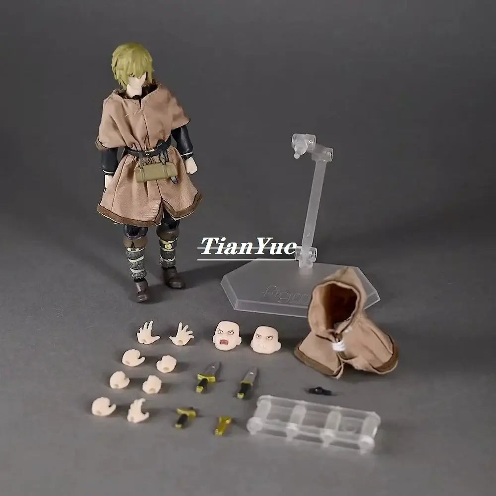 Tan hooded cloak with brown trim and detailed stitching on vinland saga thorfinn karlsefni pvc action figure