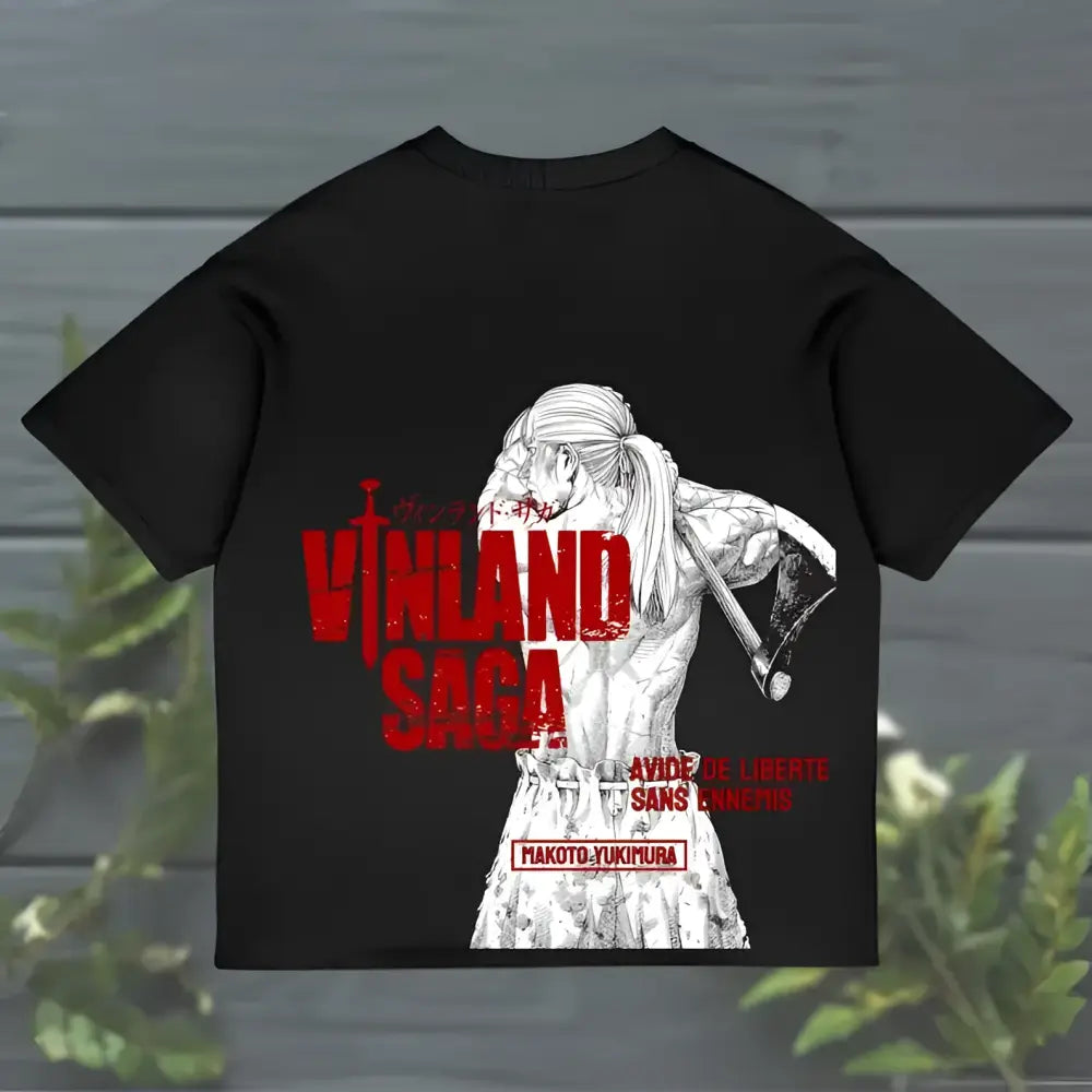 Black unisex cotton short-sleeved t-shirt featuring a detailed vinland saga character illustration with red text and artist name