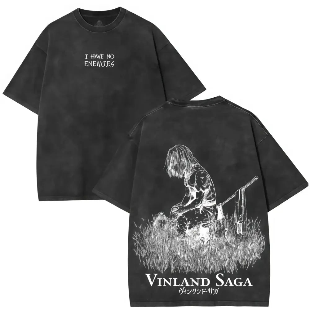 Black oversized soft cotton t-shirt with vinland saga thorfinn graphic on back and i have no enemies text on front