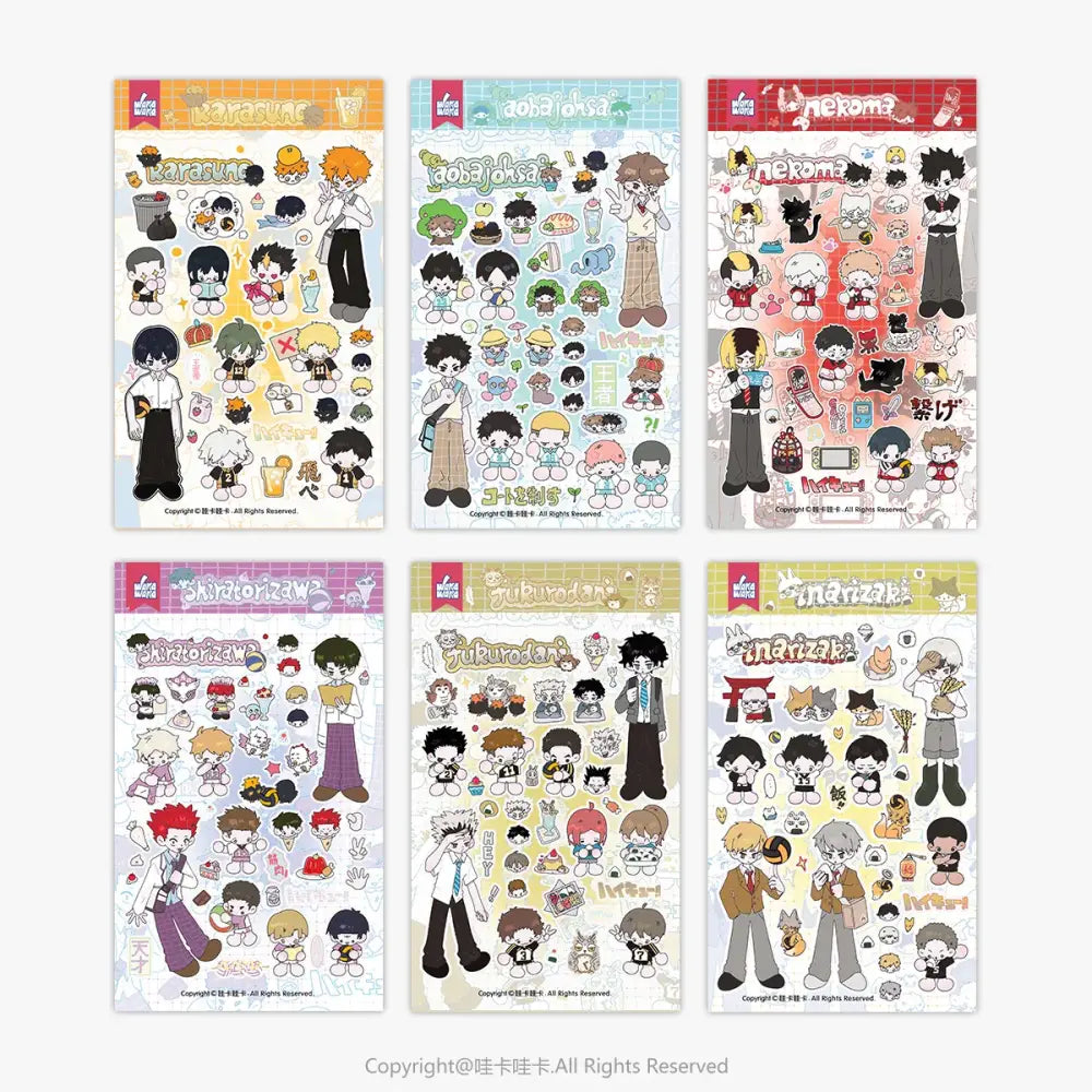 Six colorful wakawaka cute character sticker sheets featuring chibi anime characters for diy scrapbooking