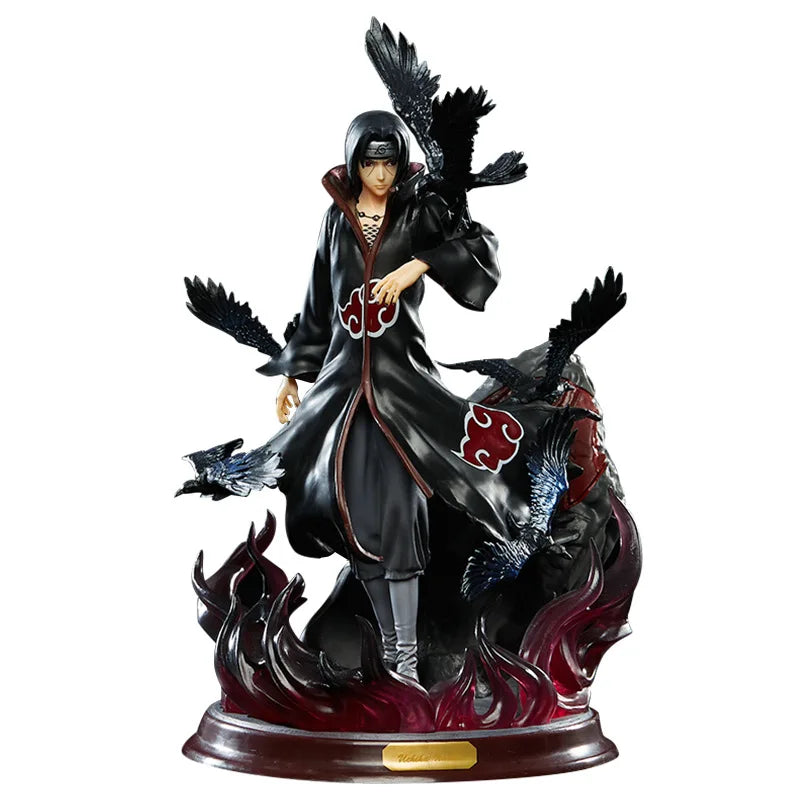 Black and red akatsuki cloak anime figure with dynamic pose and black crows on a glossy base from akatsuki merchandise