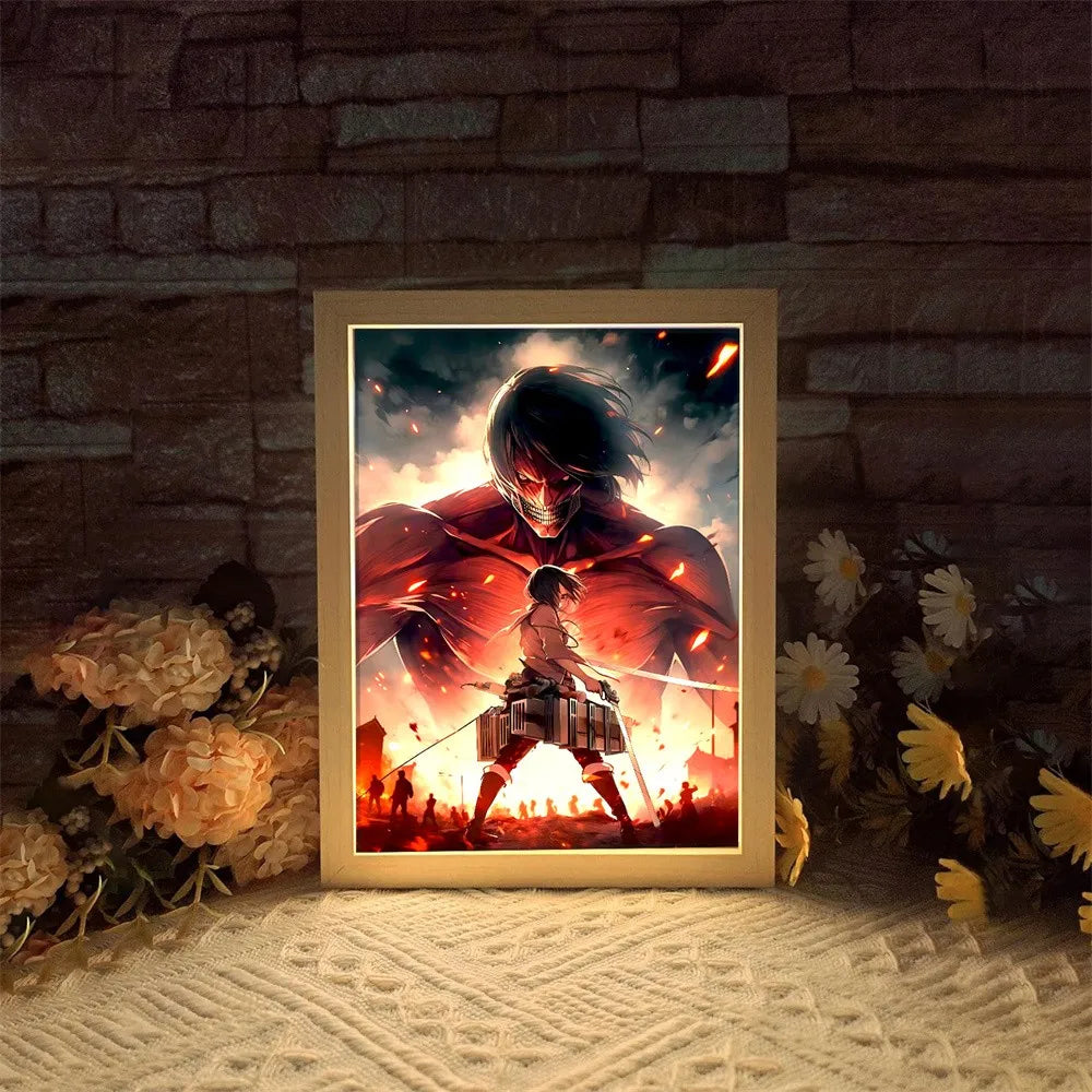 A framed led light box with warm yellow illumination featuring a red titan anime scene from anime led lights collection