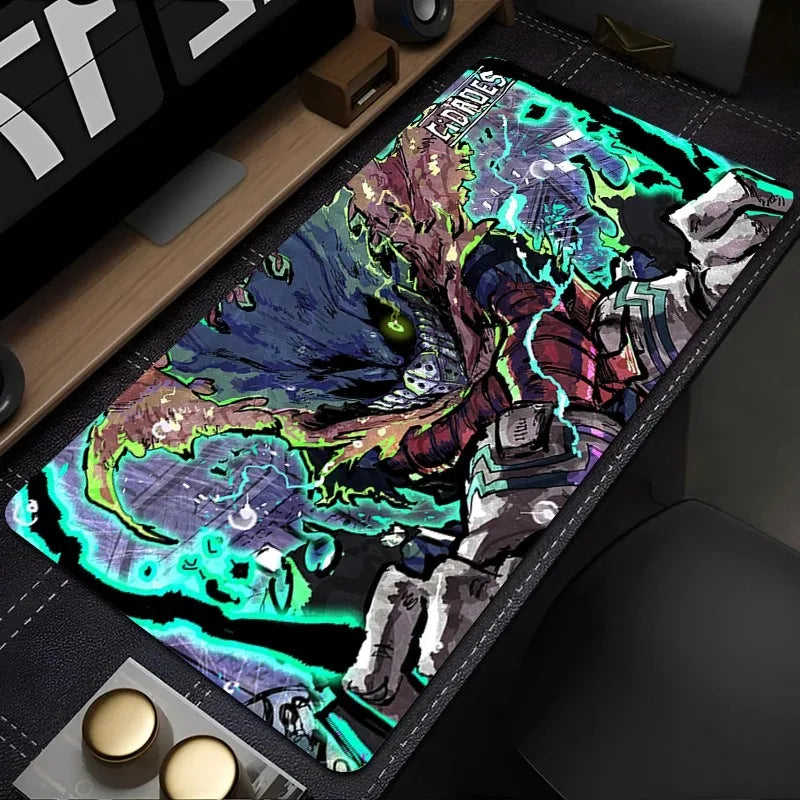 Vibrant anime-themed gaming mousepad with glowing green and teal energy effects on dark background for intense gameplay
