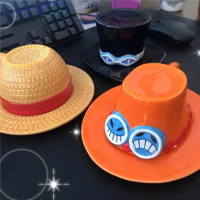 Orange ceramic teacup with blue and white cartoon glasses on the rim on a matching saucer from anime mugs collection