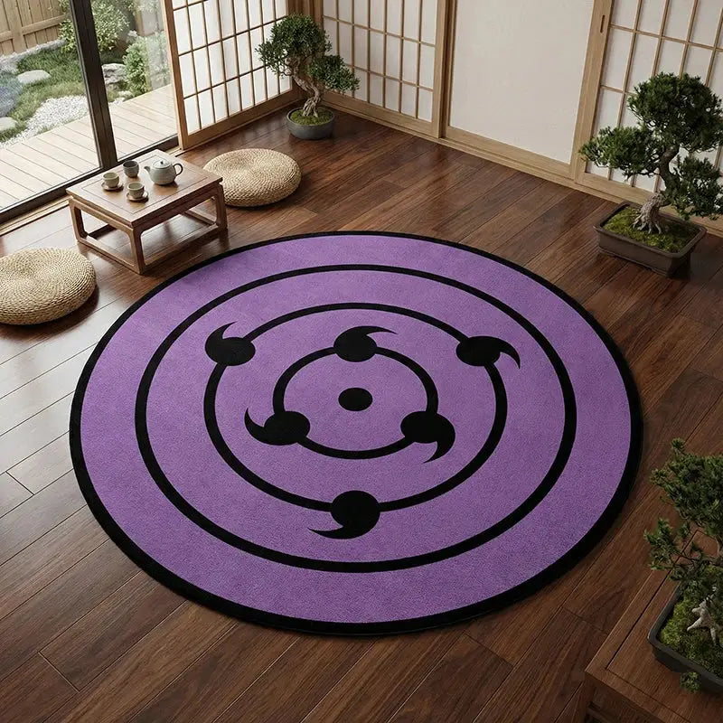 Purple circular rug featuring a black six paths of the shinobi eye design from the anime rugs and carpets collection