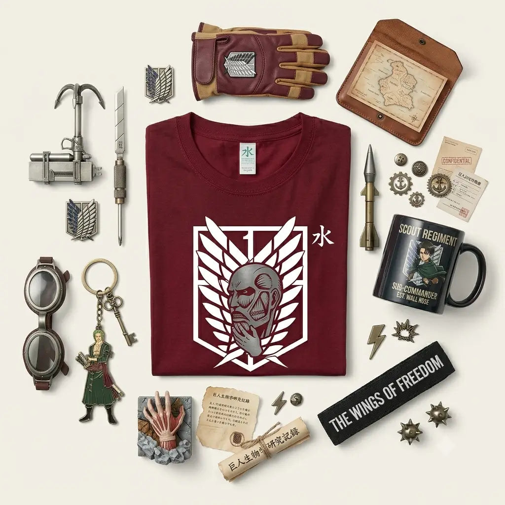 Maroon cotton t-shirt with white Attack on Titan scout regiment emblem number one and kanji water face design