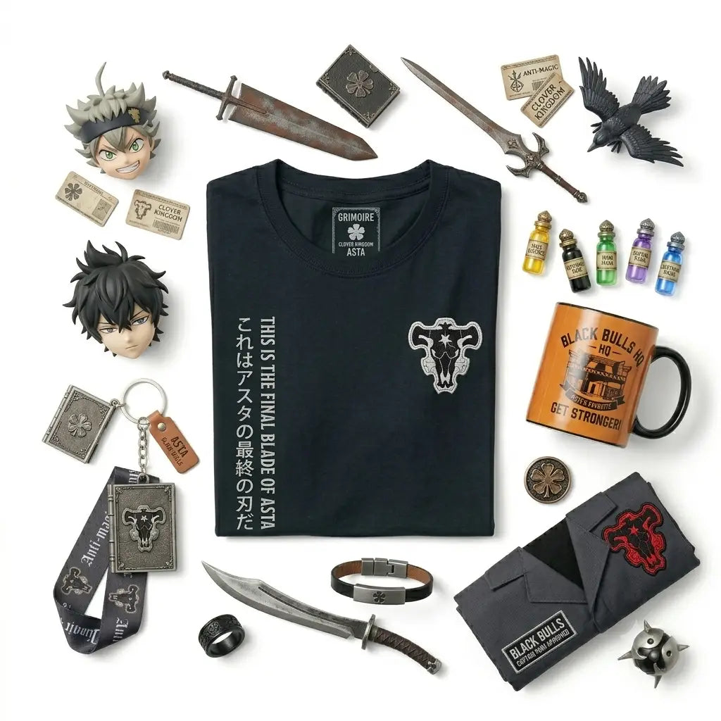 Black t-shirt with white text and black bull skull emblem from black clover merchandise collection