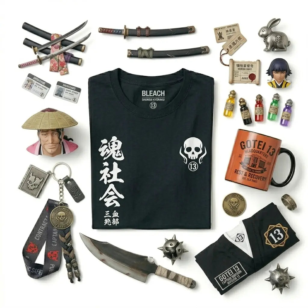 Black cotton t-shirt with white japanese characters and skull logo number 13 for bleach soul society fans