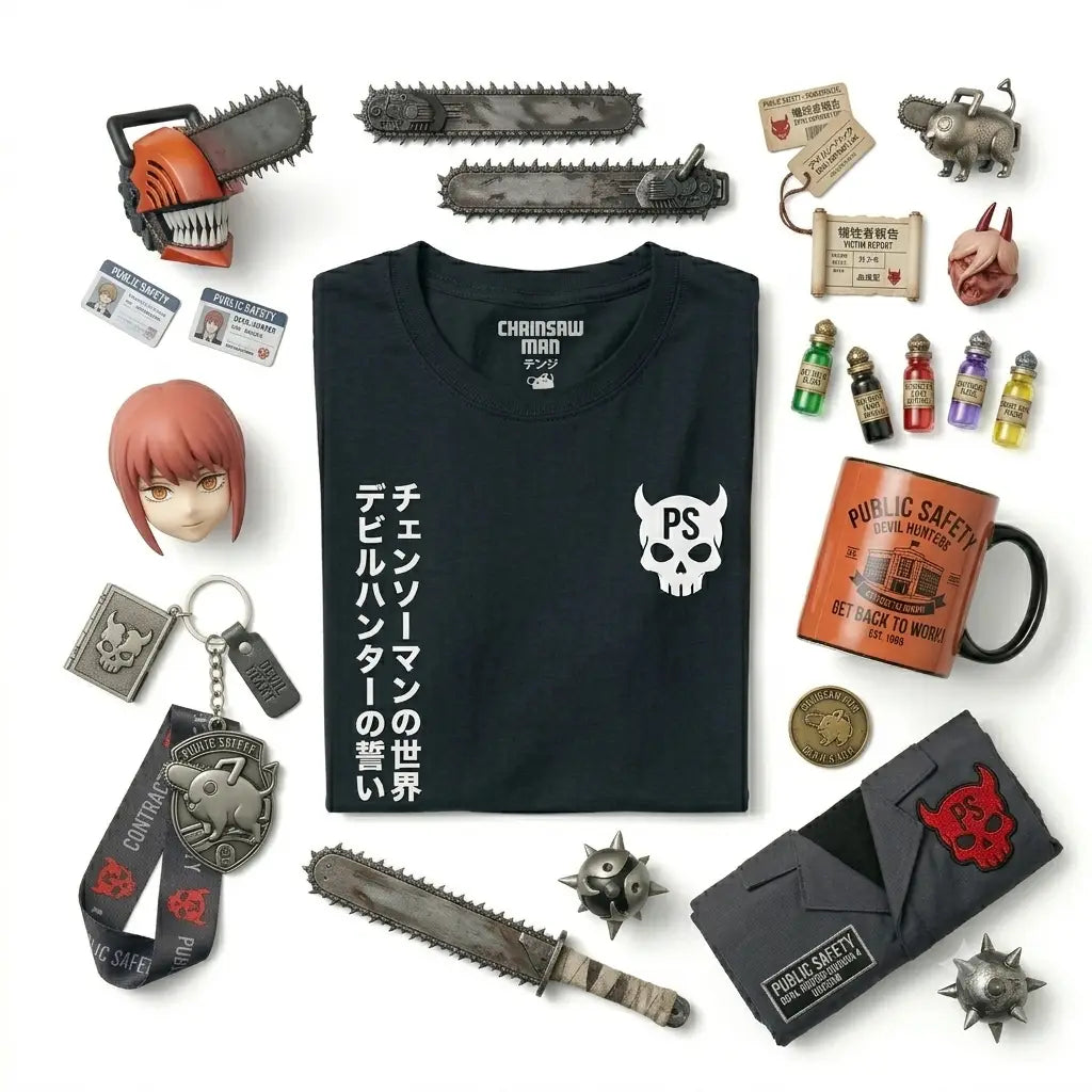 Black t-shirt featuring a white ps skull logo and japanese text with chainsaw man brand label at the collar