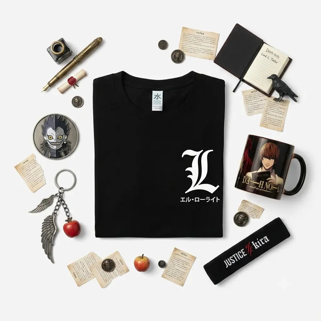 Black cotton t-shirt with white stylized l logo and japanese text from death note merchandise collection