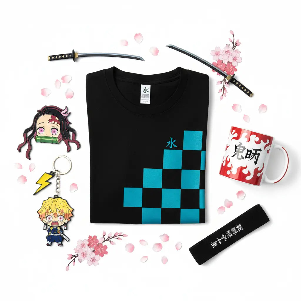 Black t-shirt with teal and black checkered pattern and light blue japanese character 水 from demon slayer merchandise
