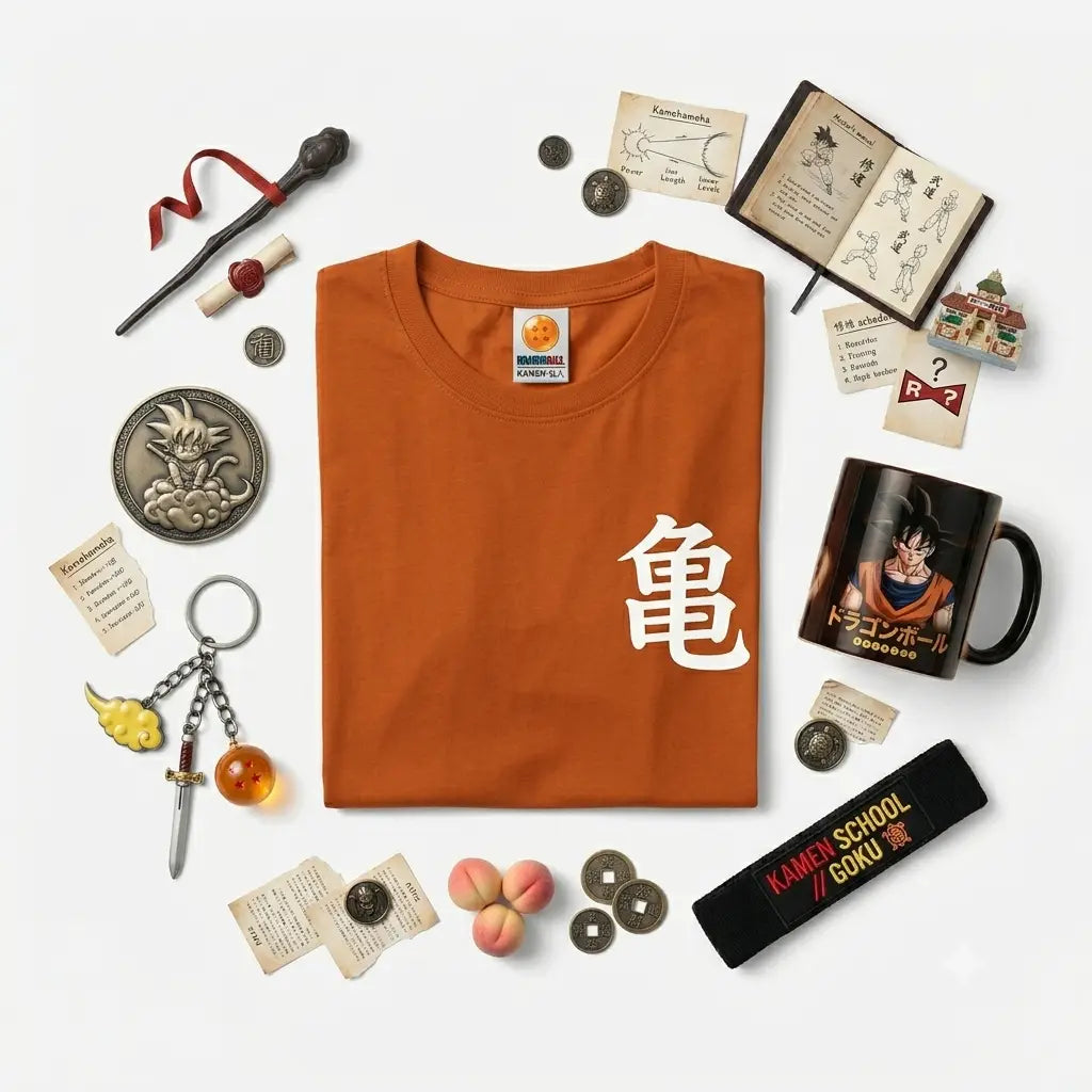 Orange dragon ball t-shirt featuring a white kanji character printed on the front from dragon ball merchandise collection