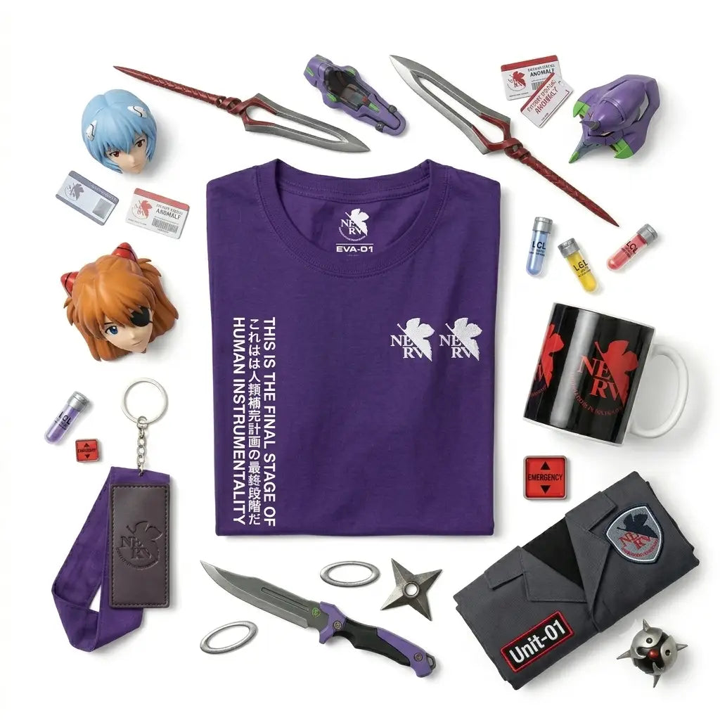 Purple t-shirt with white nerv logos and text this is the final stage of human instrumentality from evangelion merchandise