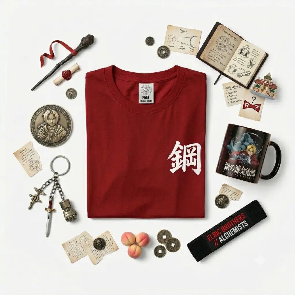A red cotton t-shirt with a white Japanese kanji on the chest and an fma slave order label at the collar.