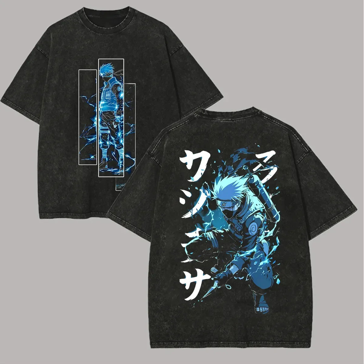Black distressed cotton t-shirt featuring vibrant blue and white kakashi hatake anime graphic with japanese text