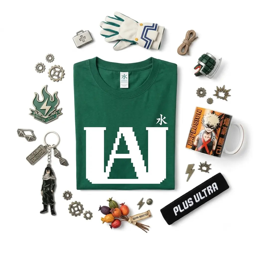 Green short-sleeved t-shirt with a white pixelated u logo and japanese character for water from my hero academia merchandise